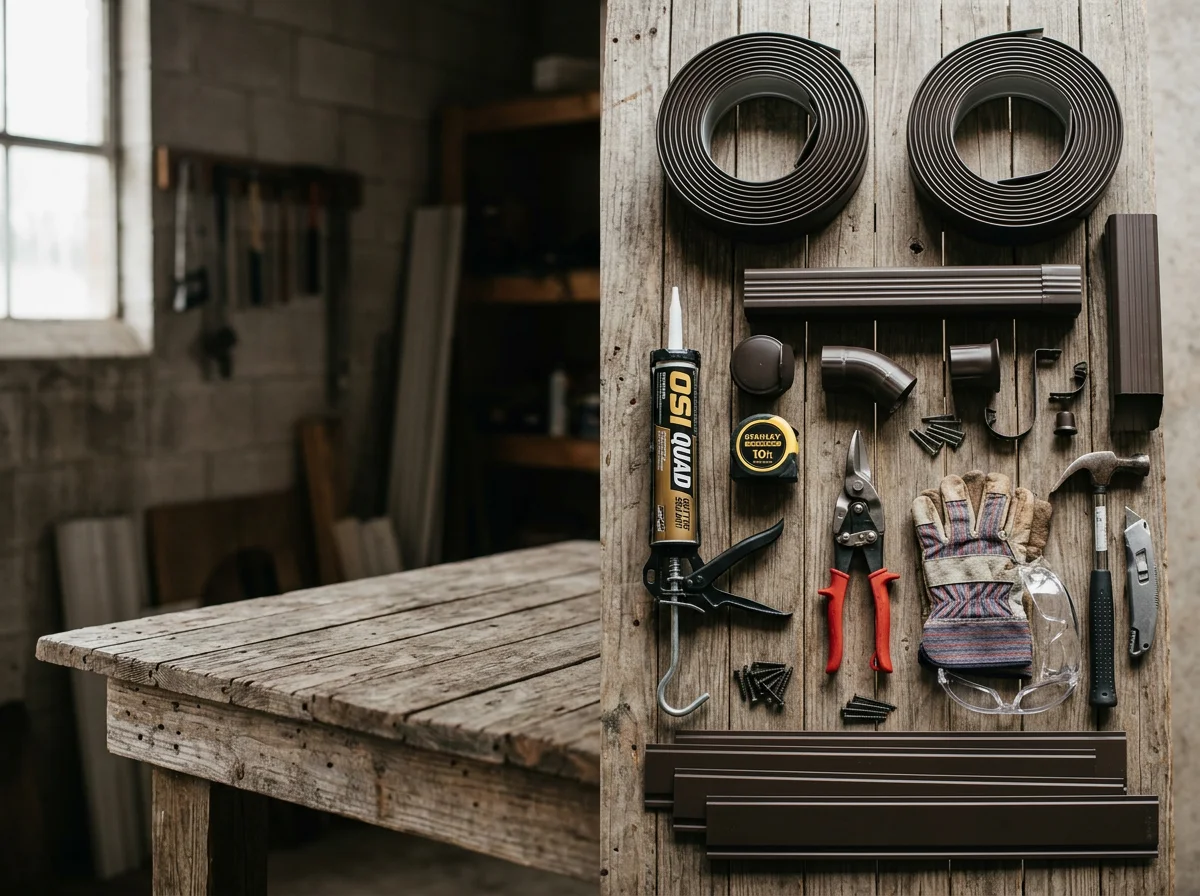 Gutter installation tools and materials arranged on a work surface, showing the equipment used for professional gutter and fascia installation.