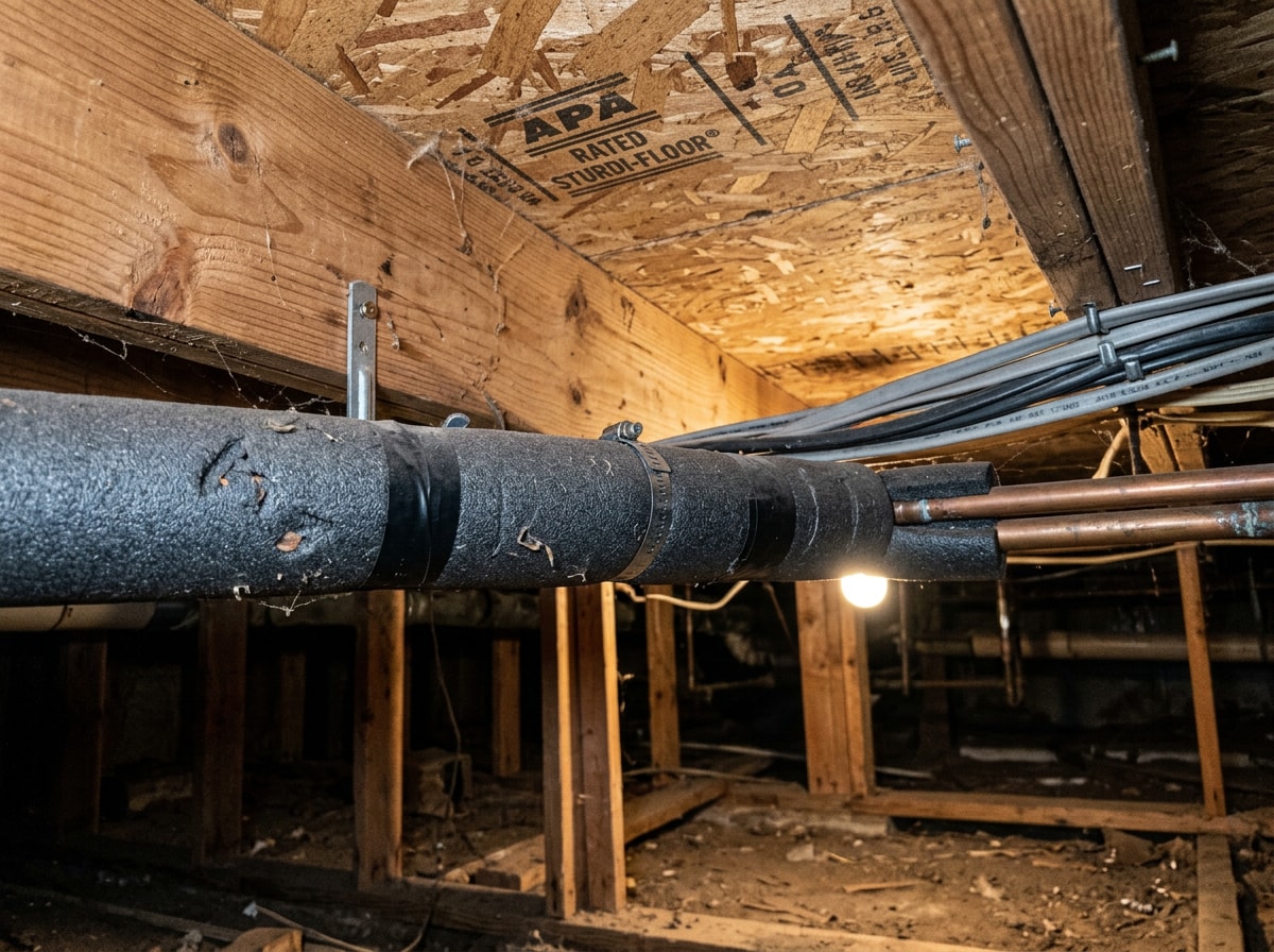 Insulated exposed water pipe in a residential crawl space to prevent freezing