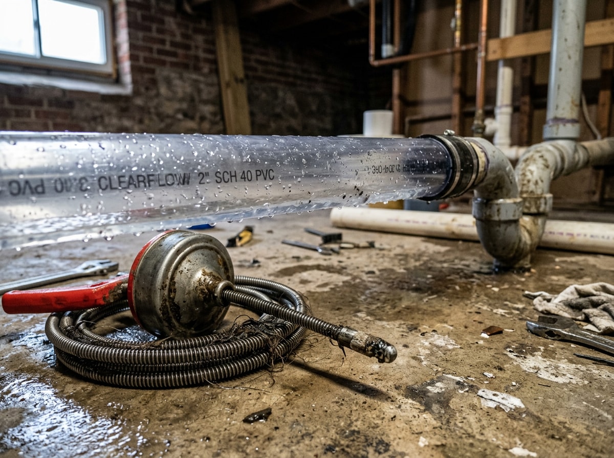Clear plastic pipe section showing a resolved drain clog repair