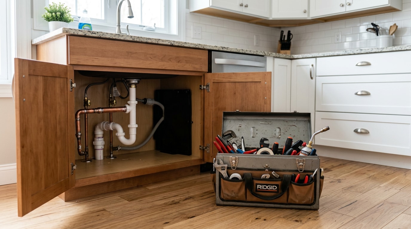 Professional plumbing toolkit and repaired pipe fitting under a kitchen sink Professional plumbing toolkit and repaired pipe fitting under a kitchen sink