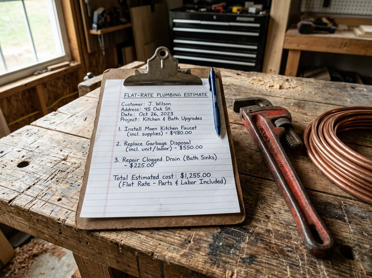 Close-up of a written flat-rate plumbing estimate on a clipboard next to a pipe wrench