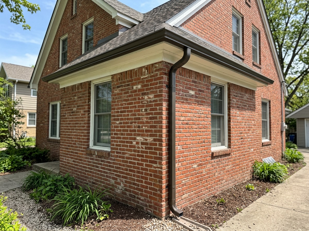 Newly installed seamless aluminum gutter and downspout on the corner of an older brick home