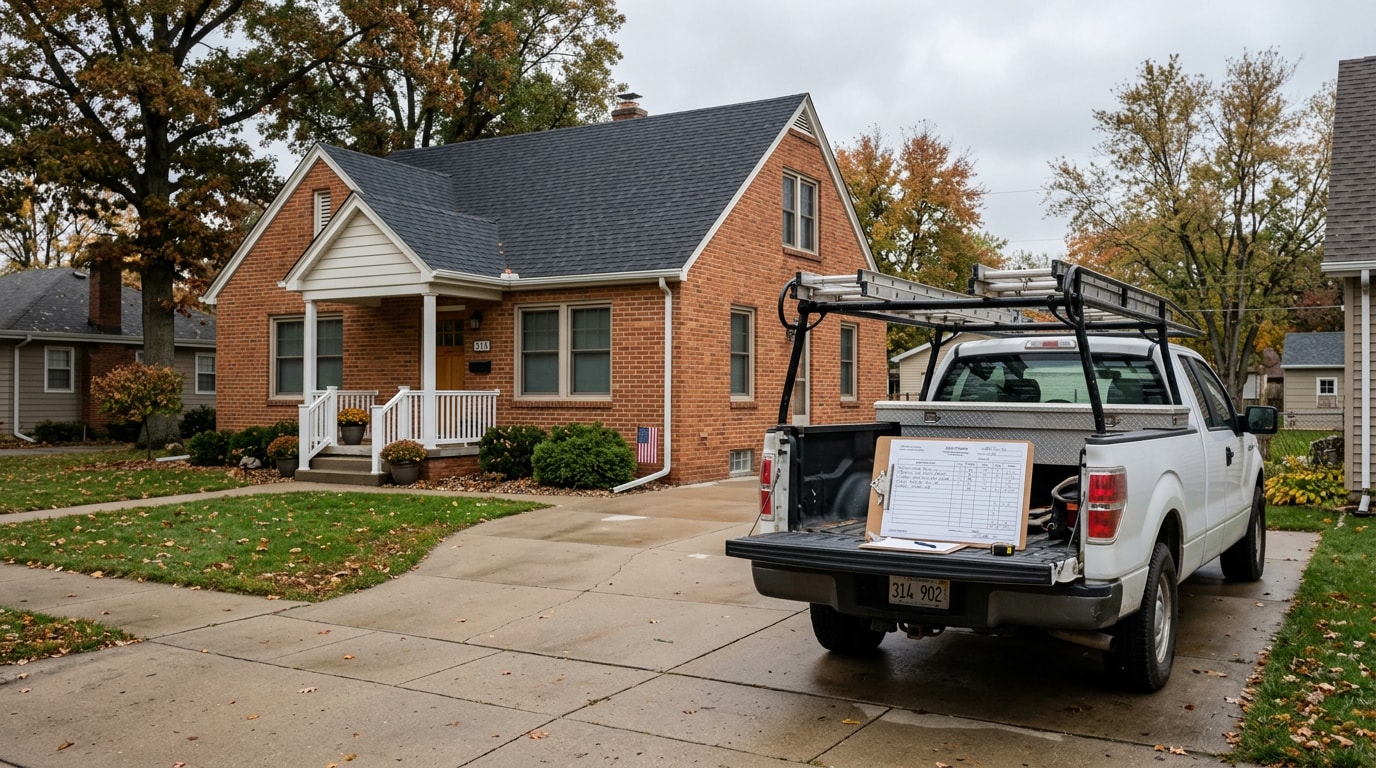 Plumber's work truck parked outside a Sangamon County, IL home during a free plumbing estimate visit Plumber's work truck parked outside a Sangamon County, IL home during a free plumbing estimate visit