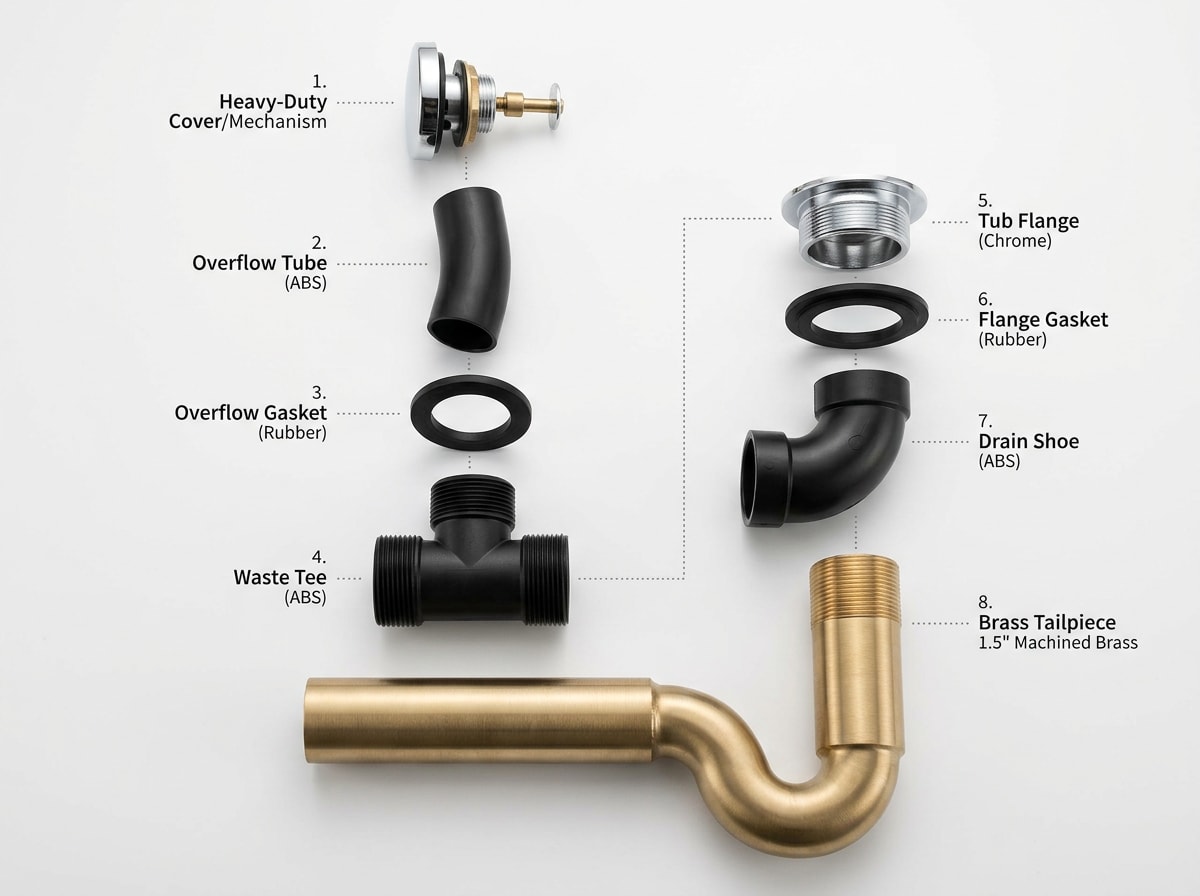 Labeled diagram of an assembled freestanding tub drain kit showing flange, shoe, and overflow parts