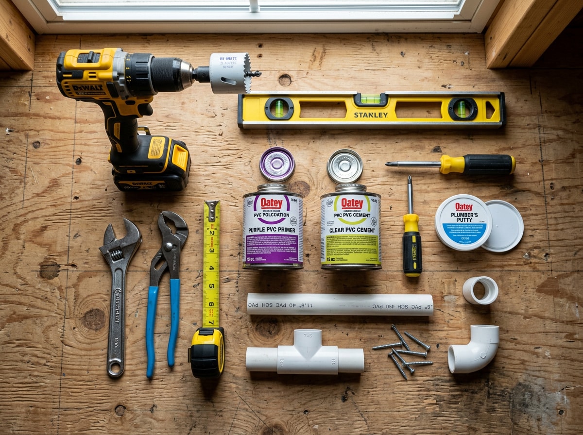 Flat-lay photo of tools and materials needed to install a freestanding tub drain kit