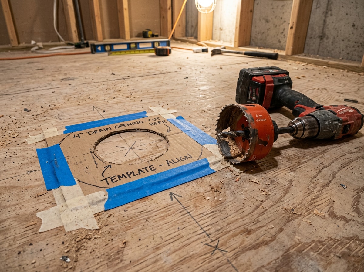 Cutout template positioned on a sub-floor before drilling for a freestanding tub drain