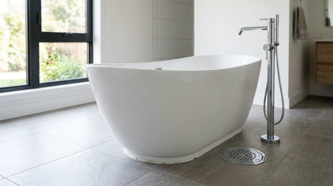 Freestanding bathtub installed with floor-mounted drain kit in a finished bathroom