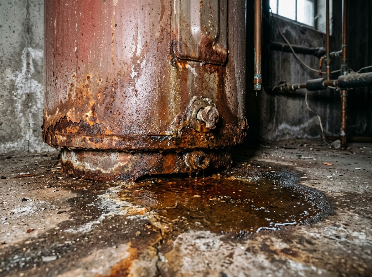 plumber inspecting rust colored water leaking at the base of a storage tank water heater in a basement
