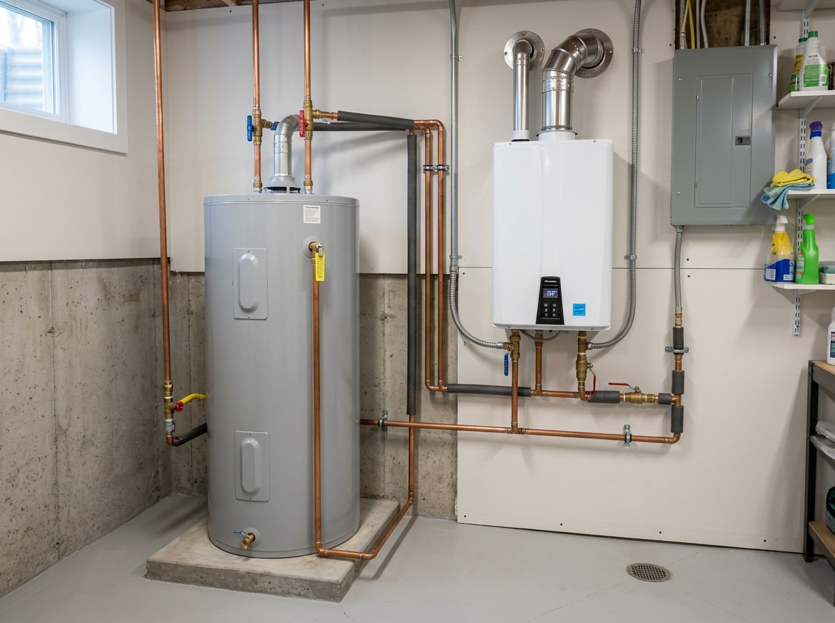 side-by-side comparison of a traditional storage tank water heater and a wall-mounted tankless water heater in a utility room