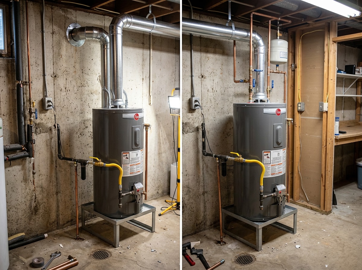 technician installing a new gas storage tank water heater against a basement wall with new venting connections