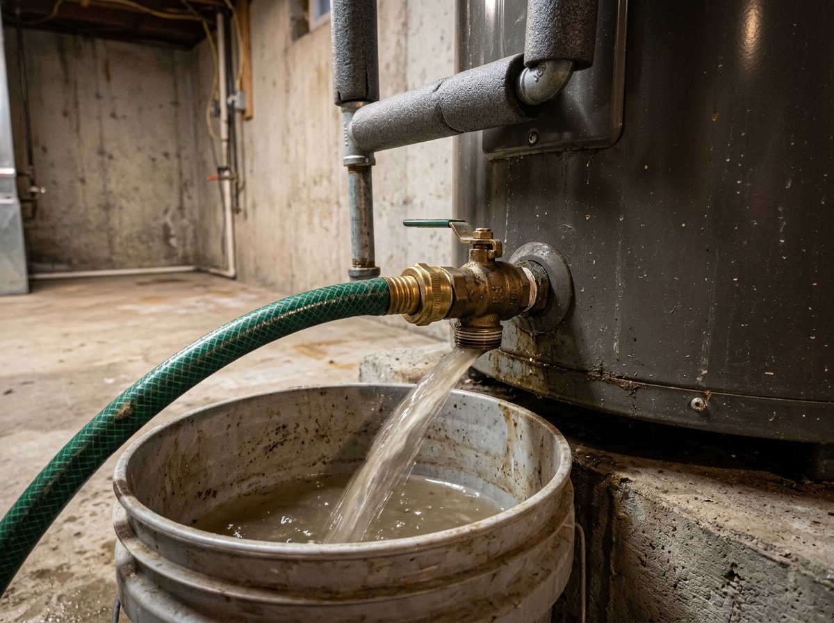 plumber flushing sediment from the drain valve of a residential storage tank water heater