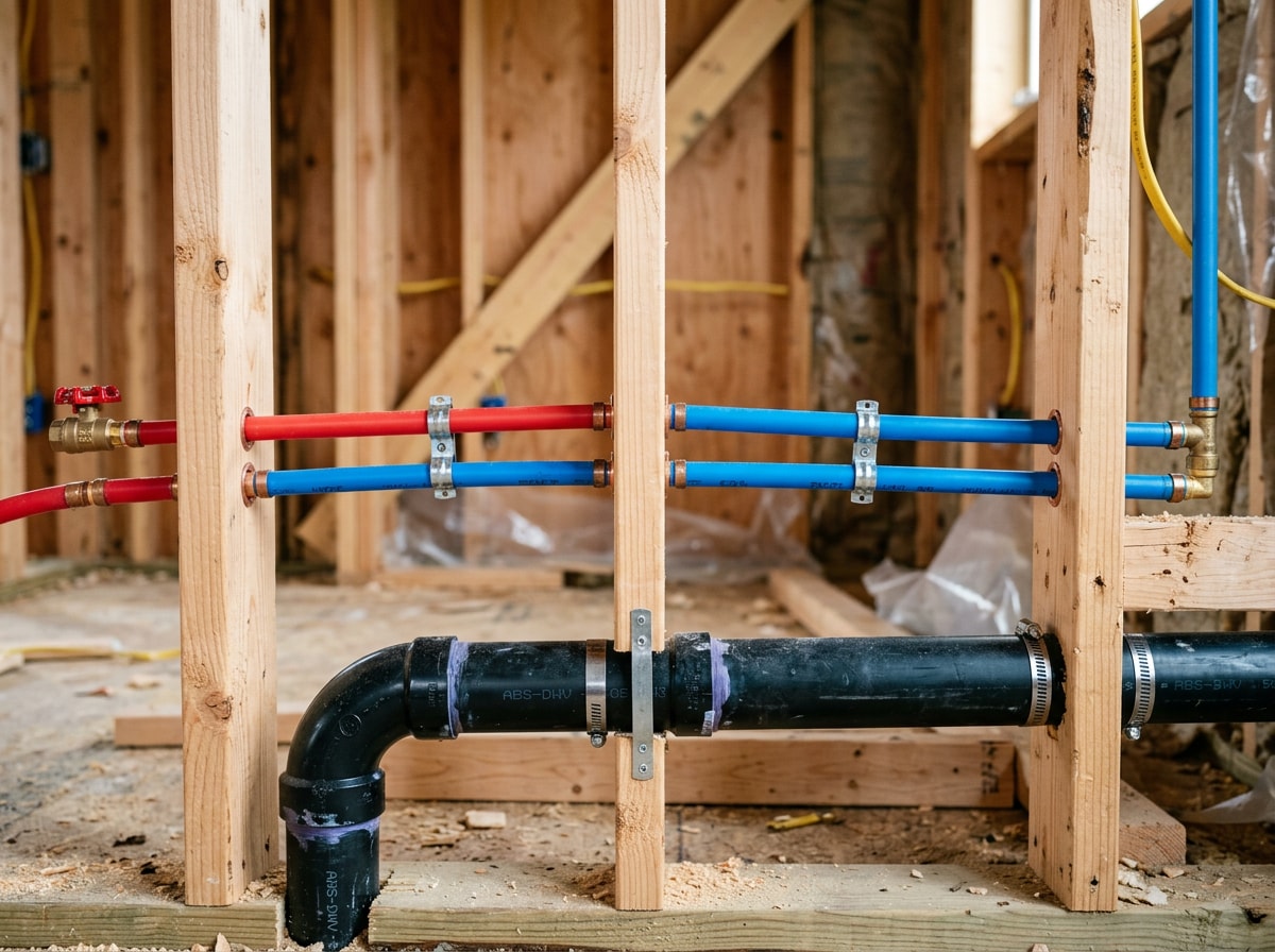 Plumbing diagram color key showing blue cold water lines, red hot water lines, black drain-waste-vent lines, and yellow gas lines