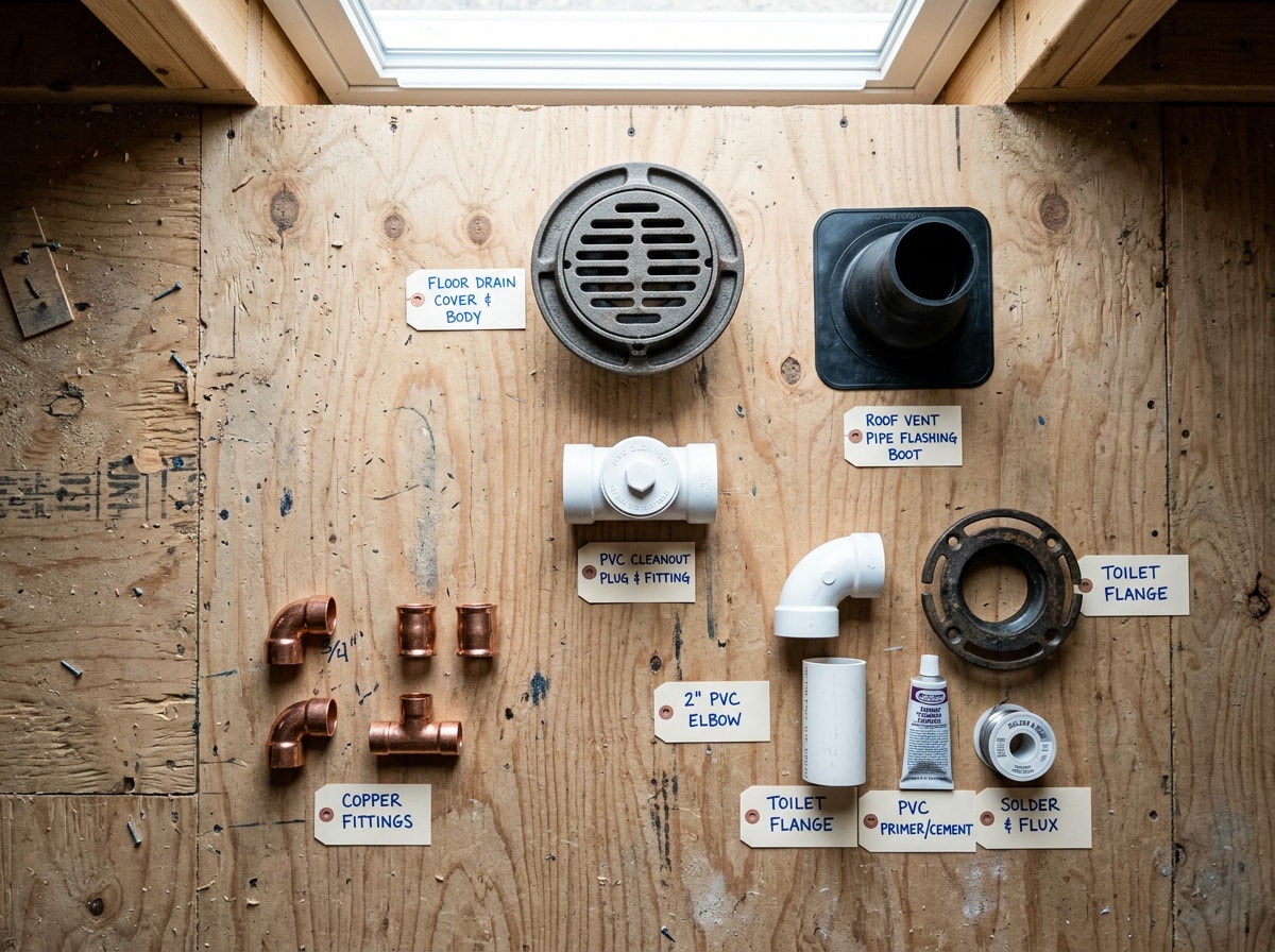 Plumbing symbol legend showing WC, Lav, WH, FD, cleanout, and vent through roof symbols