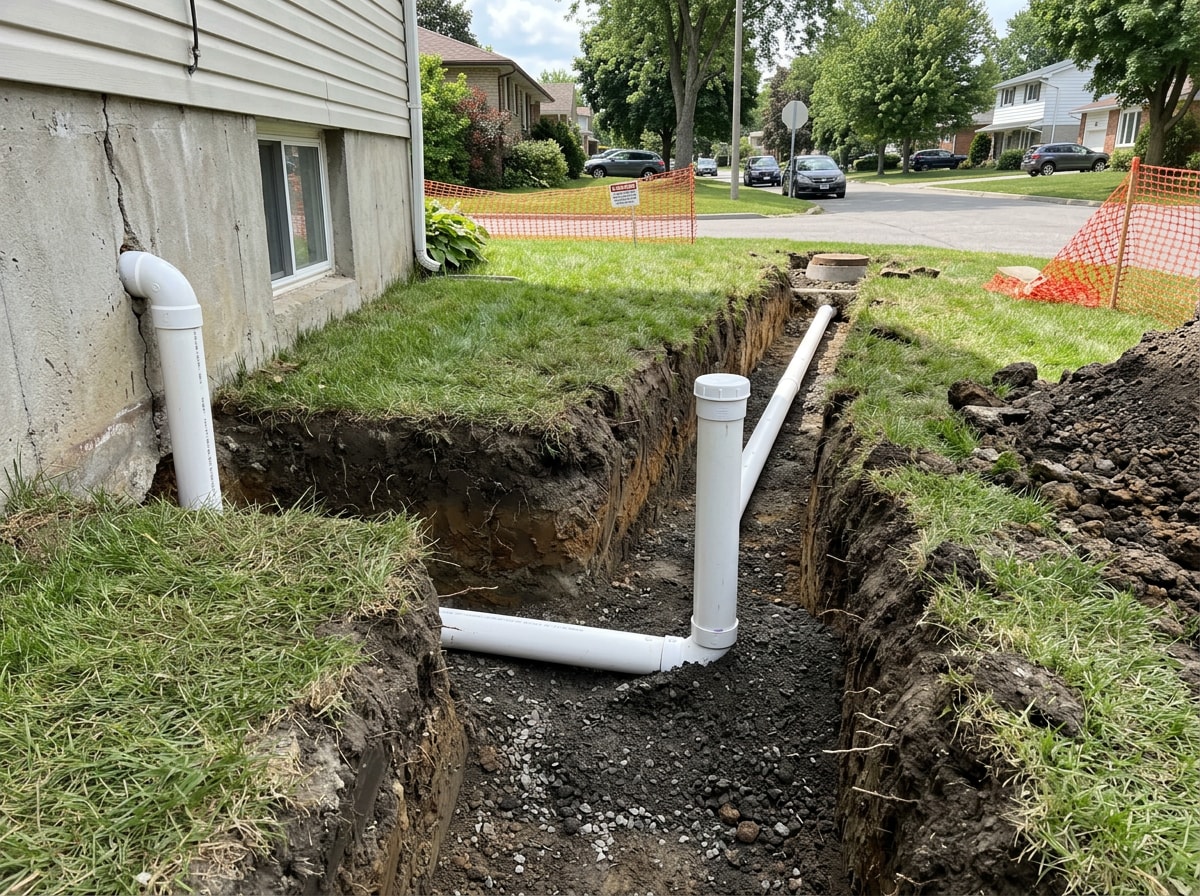 Labeled house sewer line diagram showing fixtures, branch drains, cleanout, private sewer lateral, and public sewer main