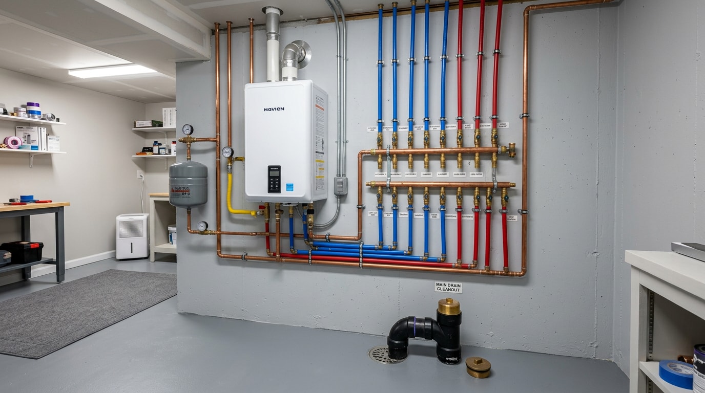Residential plumbing supply lines and shutoff valves in a finished basement utility area