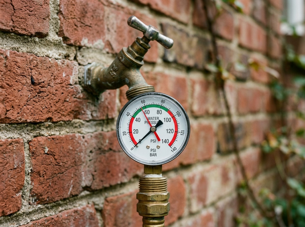 pressure gauge threaded onto an outdoor hose bib on a brick home exterior