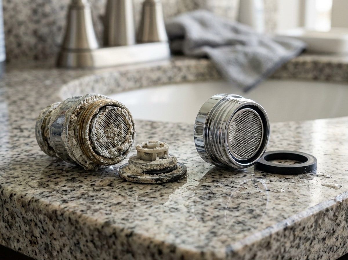 disassembled chrome faucet aerator with mineral buildup next to a clean replacement aerator
