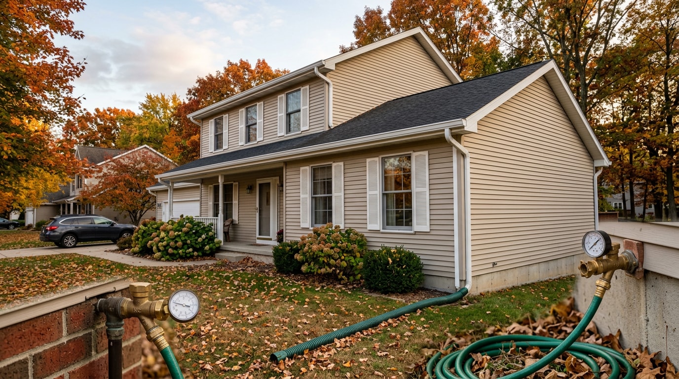 Clean gutters and downspout on a Central Illinois home with a water pressure gauge on an outdoor hose bib Clean gutters and downspout on a Central Illinois home with a water pressure gauge on an outdoor hose bib