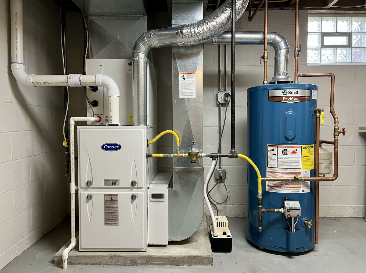 Furnace and water heater installed side by side in a Sangamon County, IL basement mechanical room