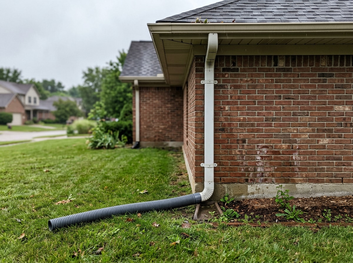 Exterior downspout directing water away from a Sangamon County, IL home's foundation to protect plumbing lines