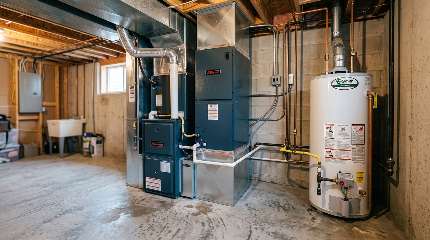 Furnace, air handler, and water heater installed together in a Sangamon County, IL home mechanical room Furnace, air handler, and water heater installed together in a Sangamon County, IL home mechanical room