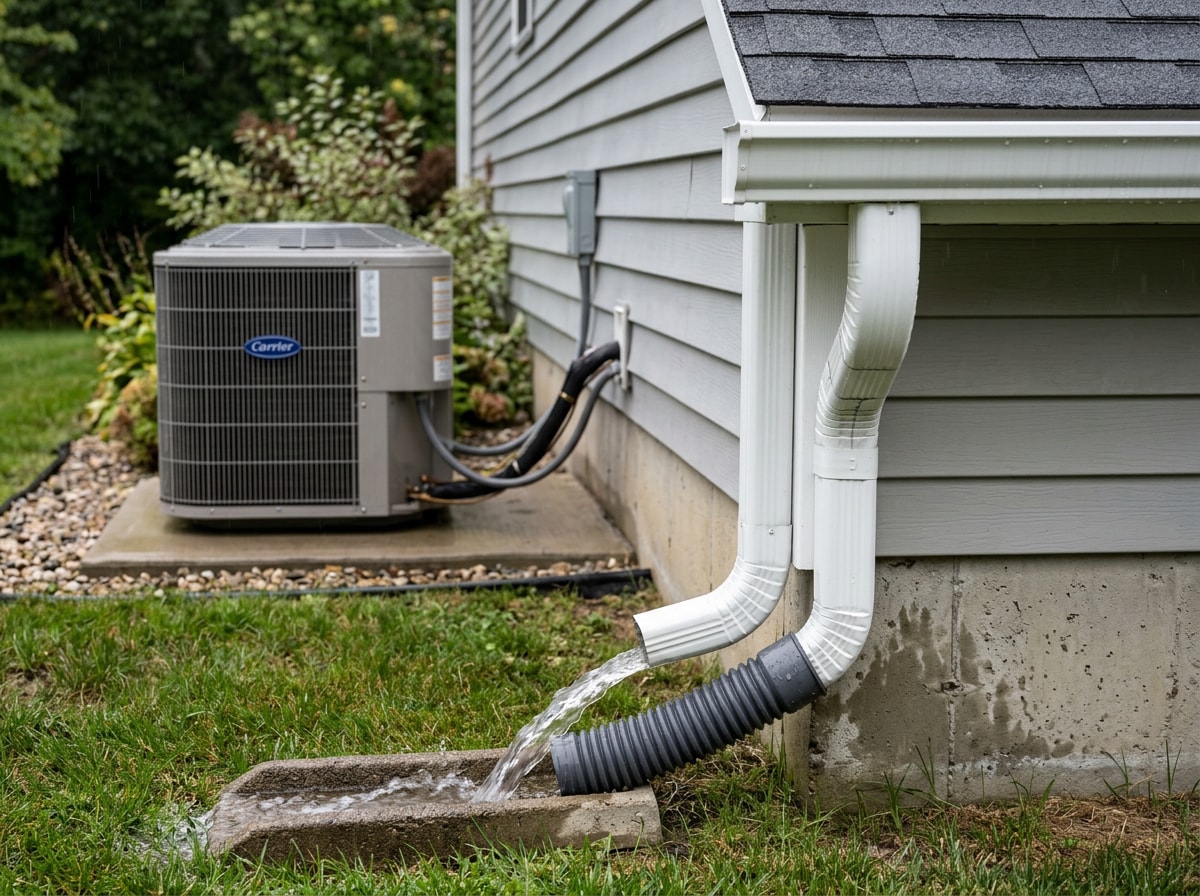 Clean gutter system directing water away from a home's foundation and HVAC condenser unit