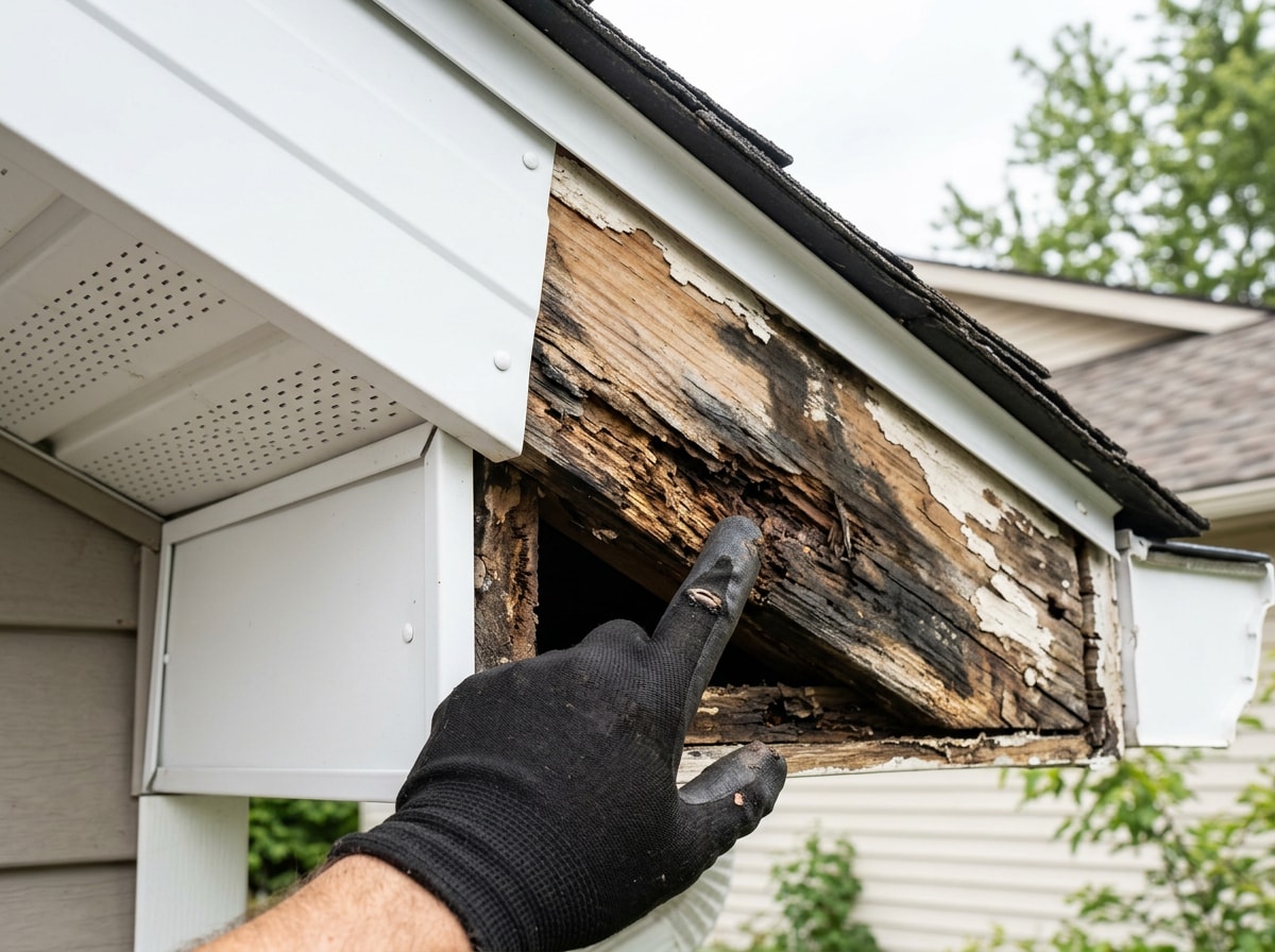 Technician inspecting soffit and fascia trim for water damage before repair