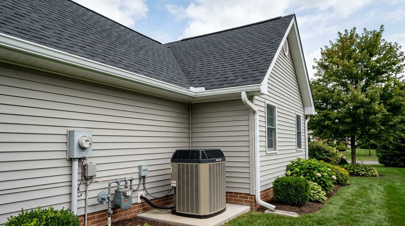 Home exterior showing gutters, soffit, and fascia protecting mechanical and electrical equipment
