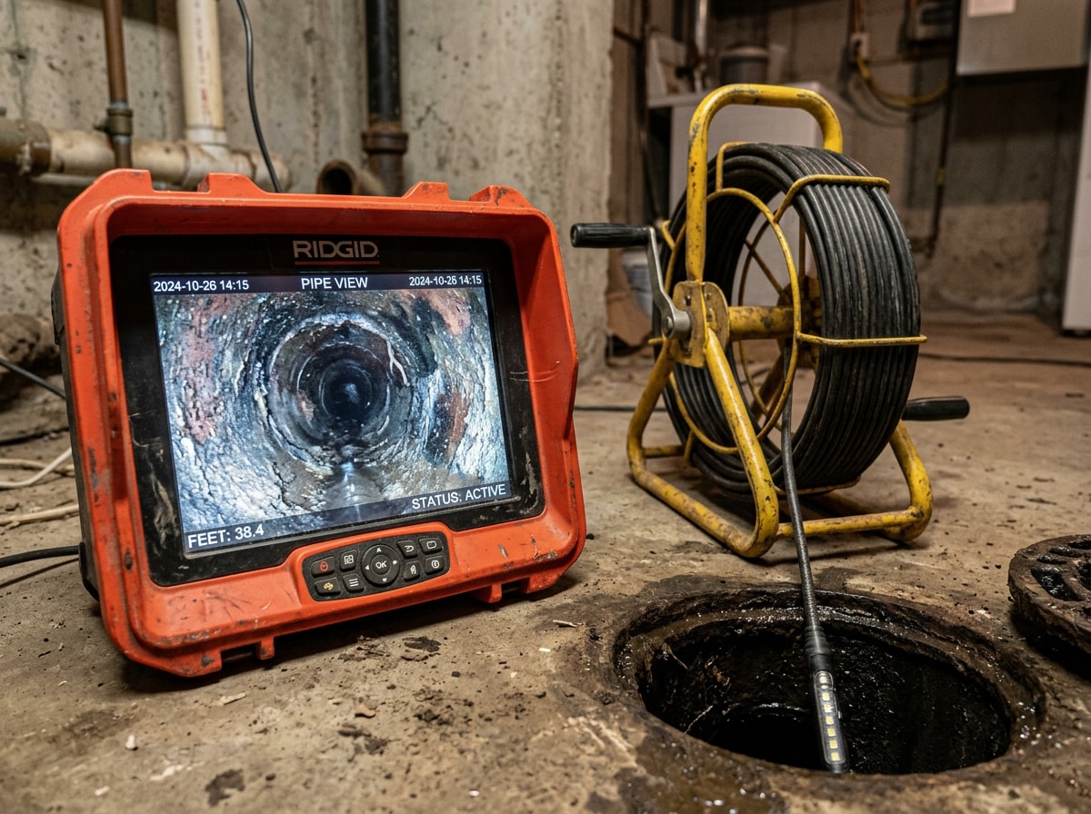 Plumber using a sewer camera inspection tool to diagnose a clogged drain line
