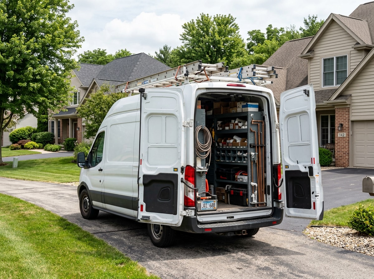 Emergency plumbing service van responding to a drain repair call in Sangamon County