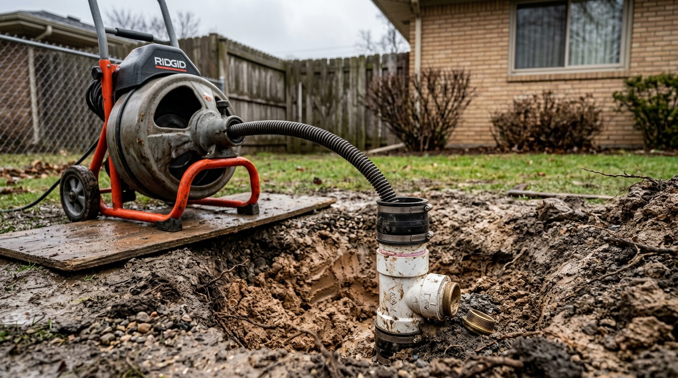 Drain snake machine set up at a residential sewer cleanout in Sangamon County, IL Drain snake machine set up at a residential sewer cleanout in Sangamon County, IL