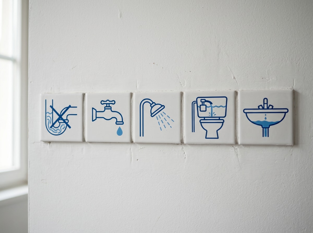 Icon graphic showing five common plumbing warning signs: clogged drain, leaky faucet, low water pressure, running toilet, and slow drain