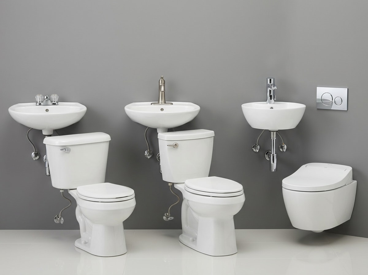 Side-by-side comparison graphic of builder-grade, mid-range, and high-efficiency bathroom fixtures