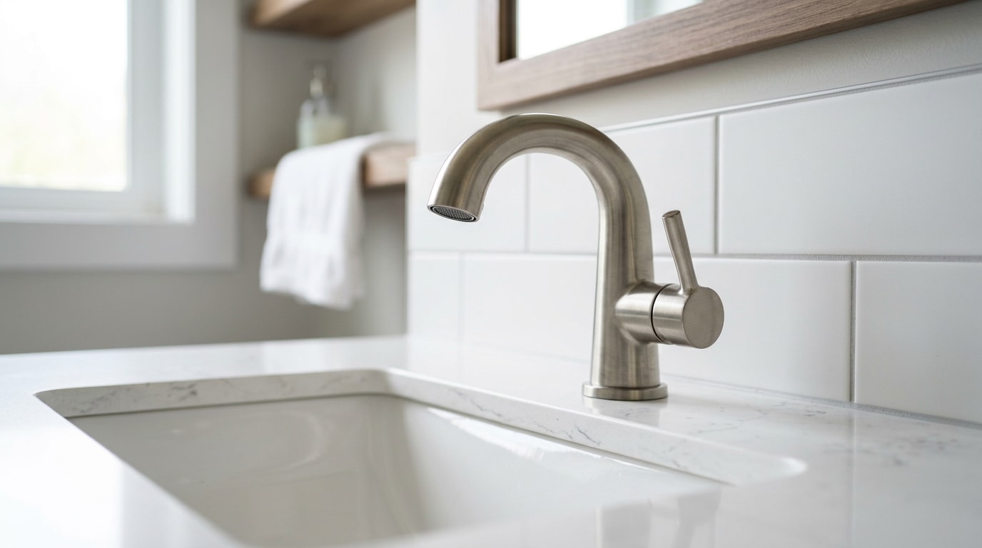 Newly installed modern bathroom faucet and sink fixture