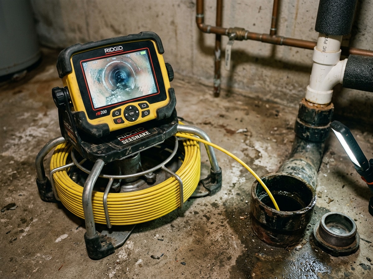 Plumber running a camera inspection through a residential sewer line