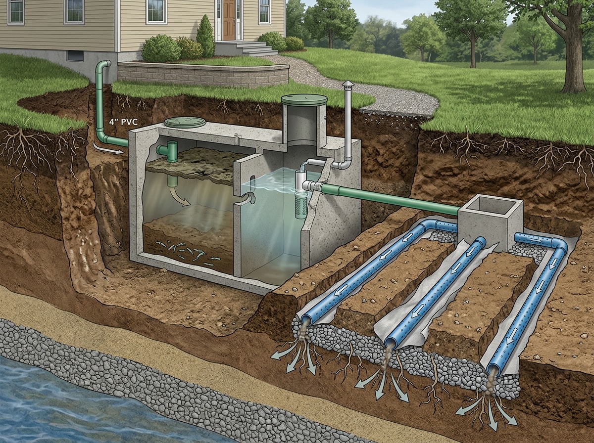 Well-maintained residential septic tank and drain field schematic