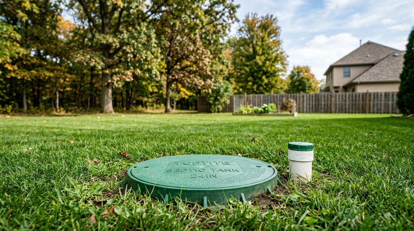 Residential septic tank access lid in a Springfield, IL backyard