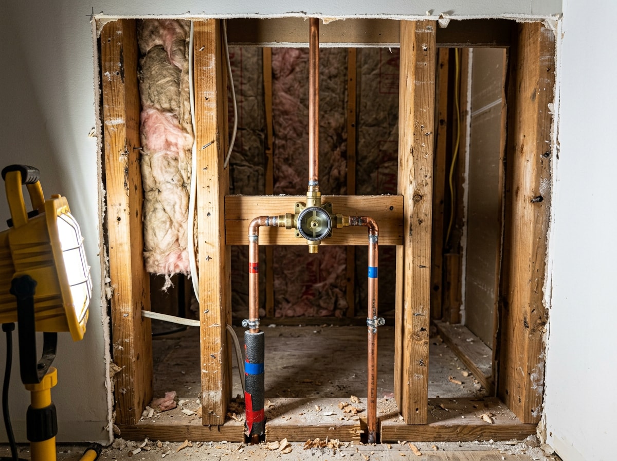 Open wall cavity showing a copper shower valve rough-in with hot and cold supply lines connected