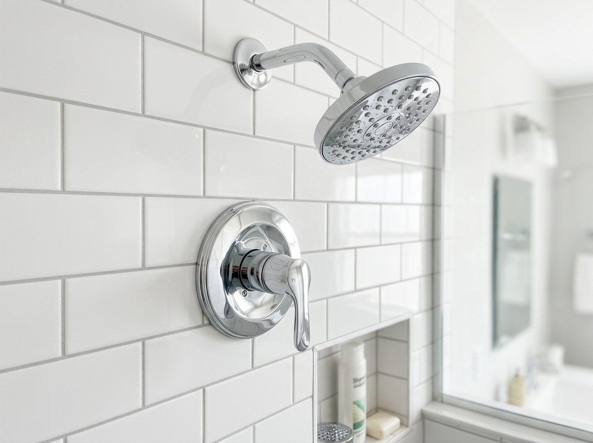 Finished chrome shower trim kit with handle, escutcheon plate, and showerhead installed in a tiled shower wall