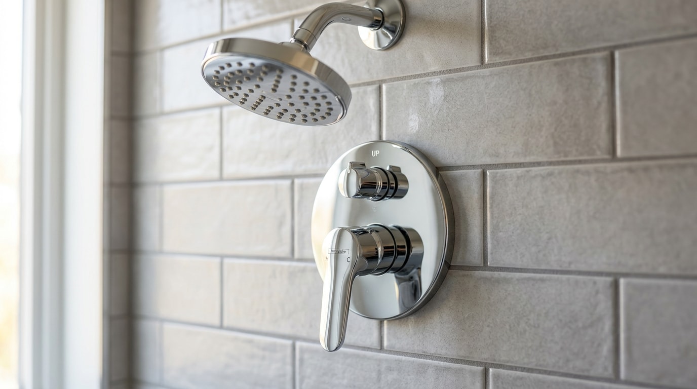 Modern chrome shower valve and trim kit installed on a tiled shower wall