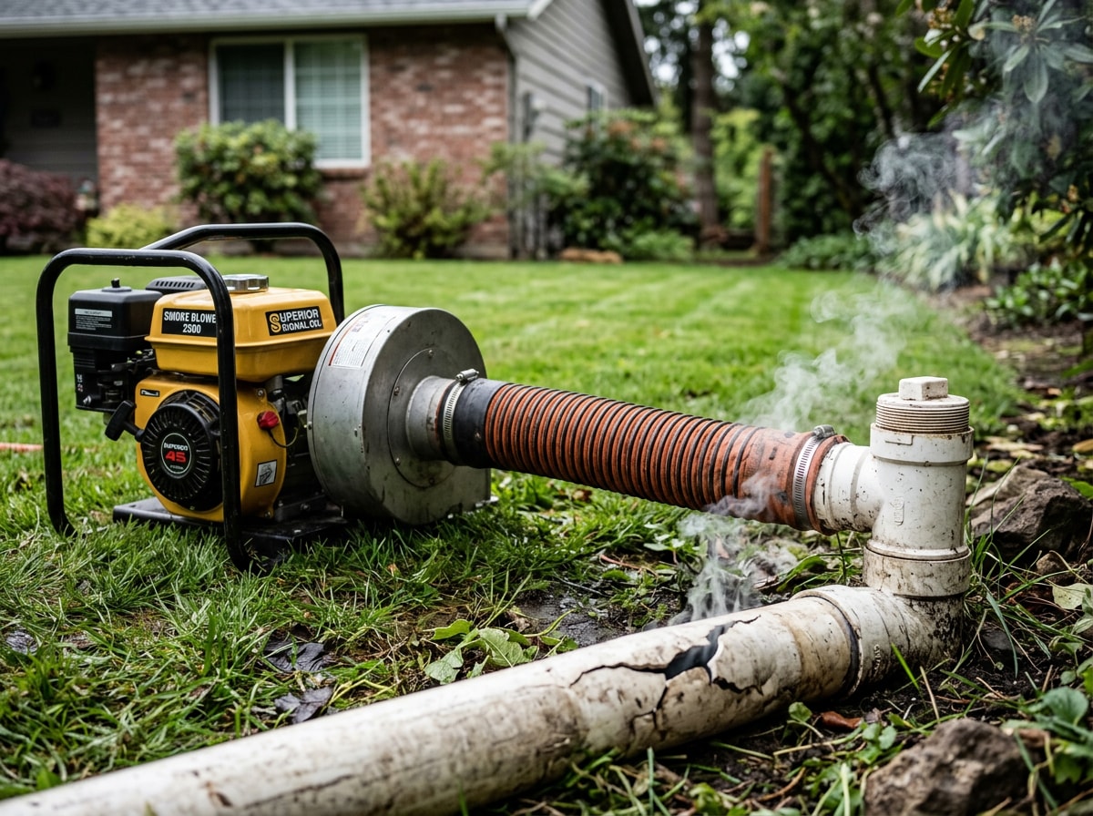 Technician's smoke testing blower connected to a residential sewer cleanout with visible smoke tracing a leak point