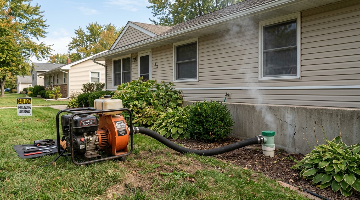 Smoke testing equipment connected to a home sewer cleanout during a plumbing diagnostic test Smoke testing equipment connected to a home sewer cleanout during a plumbing diagnostic test