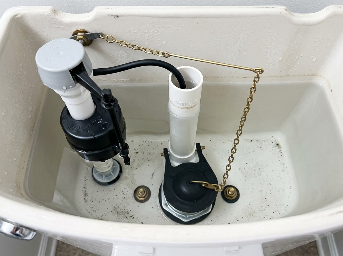 Open toilet tank showing flapper, fill valve, float, and overflow tube water line