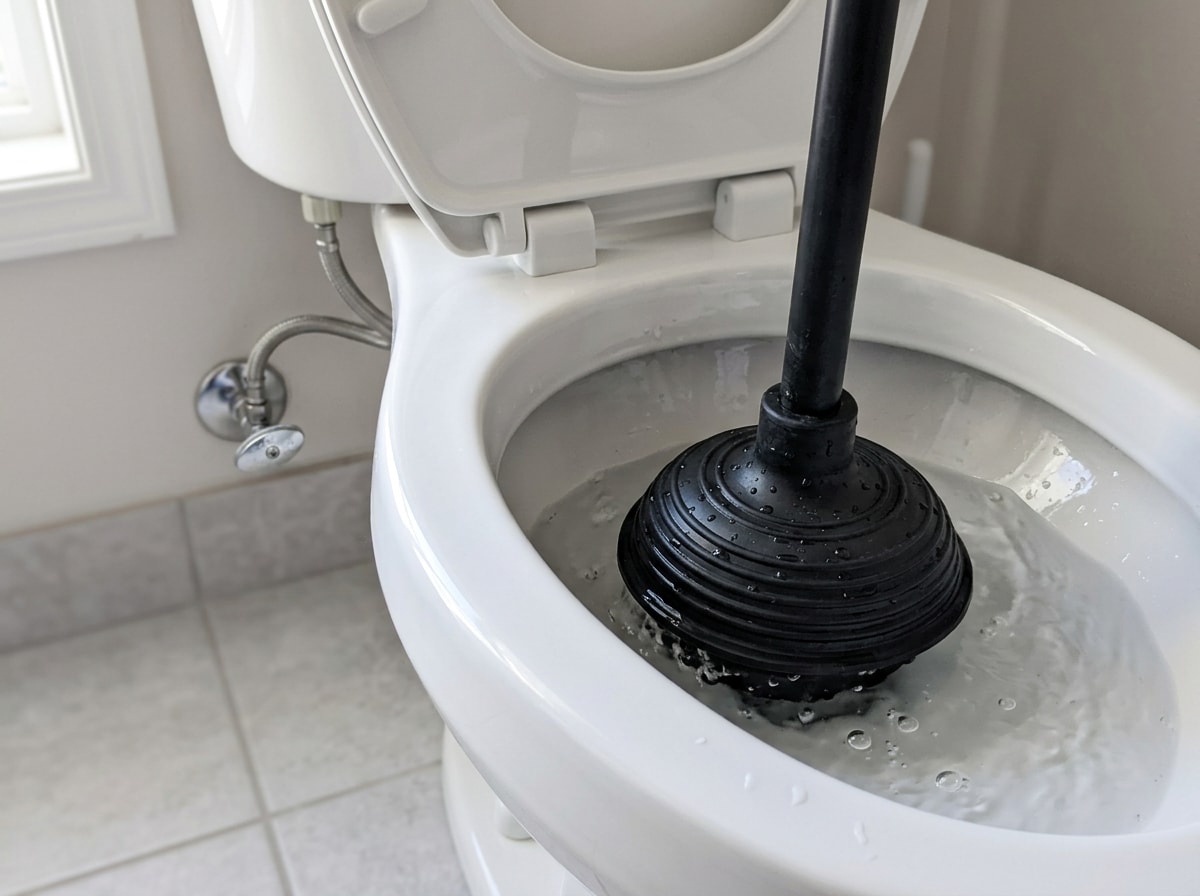Flange plunger in use on a toilet bowl with the water shutoff valve visible in the background