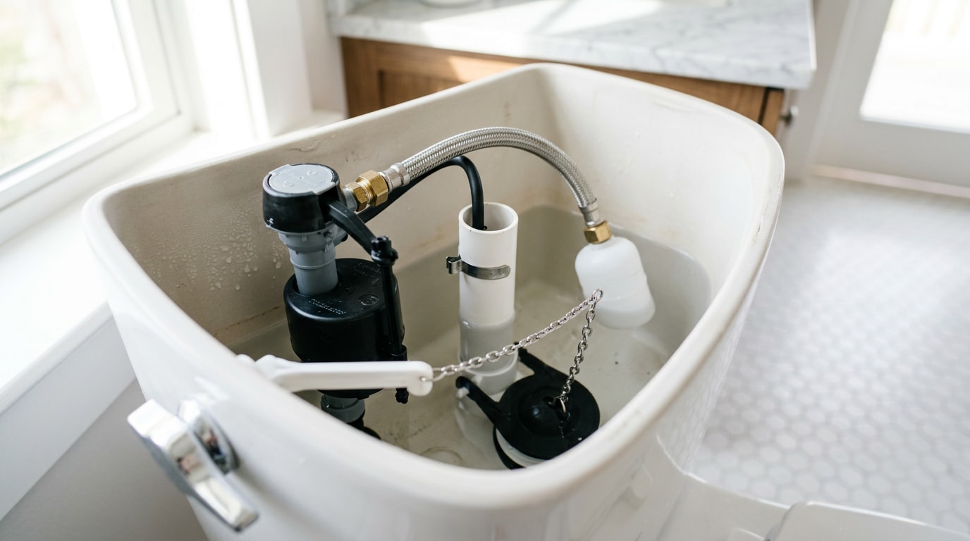 Inside view of a toilet tank showing the fill valve, flapper, and overflow tube