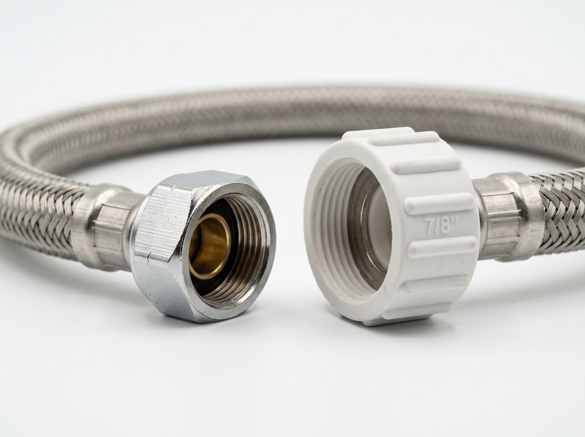 Close-up comparison of a toilet supply line's 3/8 inch compression wall fitting and 7/8 inch ballcock nut end