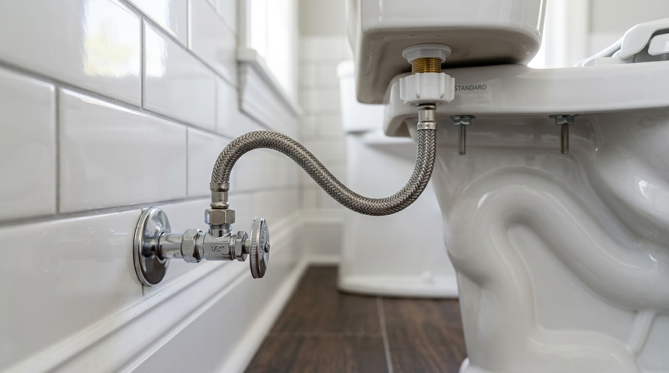 Braided stainless steel toilet supply line connecting a wall shutoff valve to a toilet tank