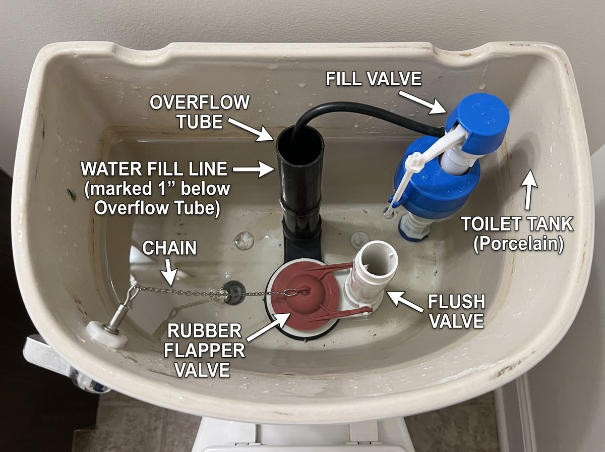 Labeled toilet tank diagram showing water line, overflow tube, and flapper valve