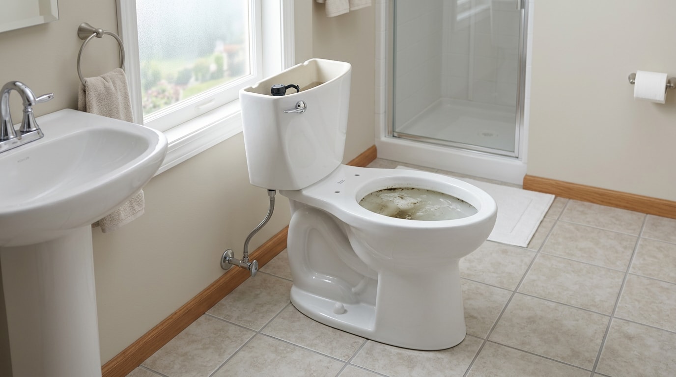 Toilet bowl with water risen near the rim indicating a clog Toilet bowl with water risen near the rim indicating a clog