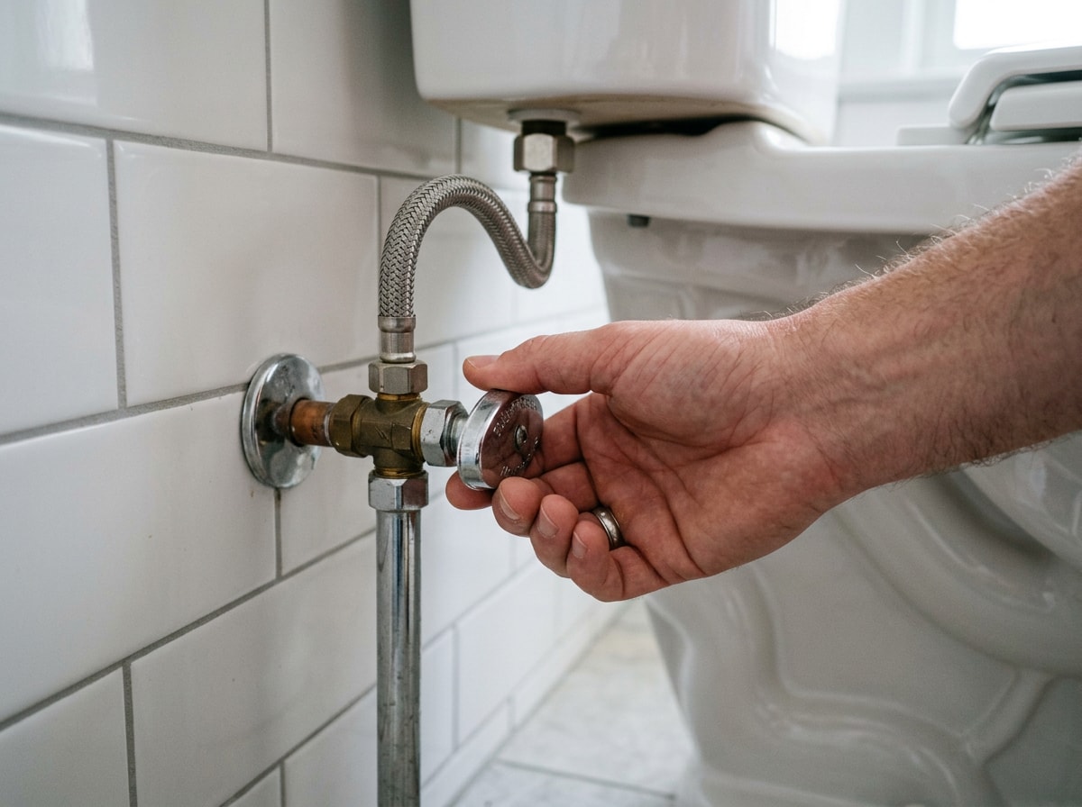 Close-up of a toilet shutoff valve behind the base of a toilet, hand turning the valve clockwise